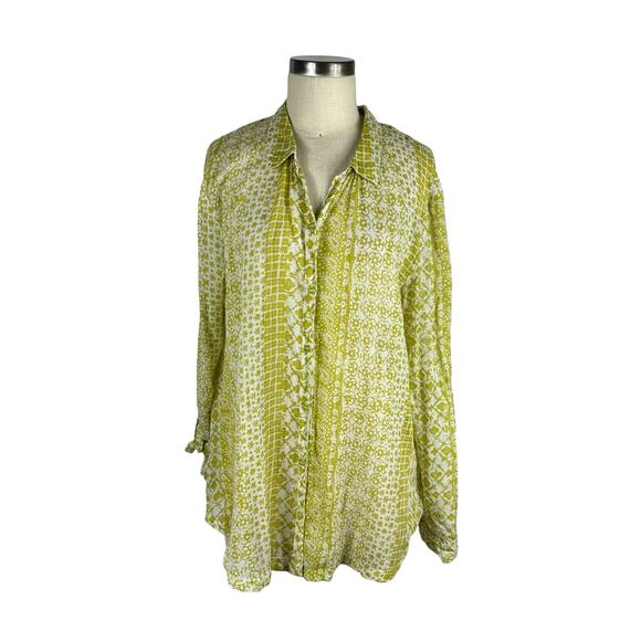 Anthropologie Tops - HEI HEI Anthropologie Green Yellow White Patterned Long Sleeve Button Down Top